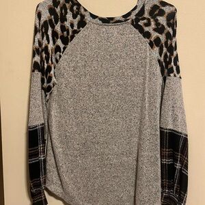 Maurices Medium 24/7 Grey Leopard and Plaid Long Sleeve Shirt